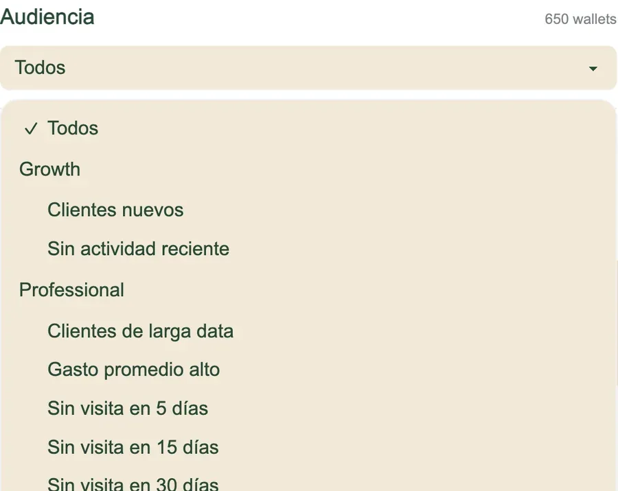 Lista de audiencias de Almendro: clientes nuevos, sin actividad reciente, sin visita en 5, 15 y 30 días