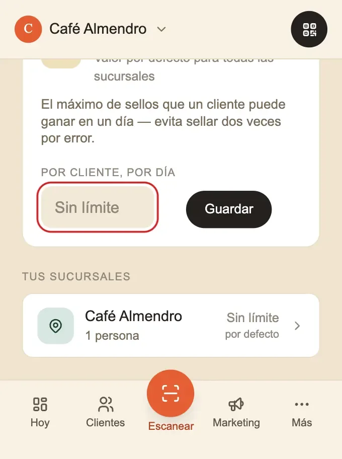 Ajuste de límite diario de sellos por cliente en el panel de Almendro