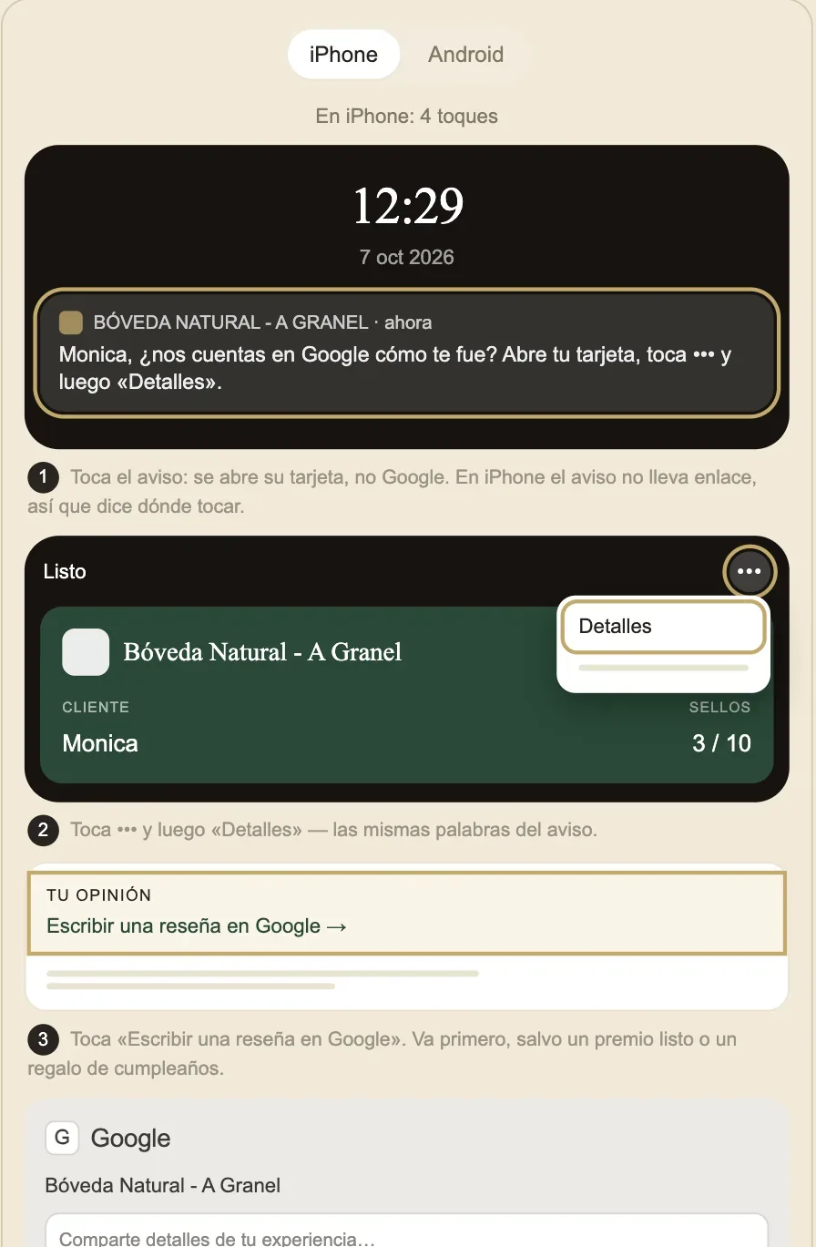 Pasos en el iPhone: aviso de la tarjeta, botón Detalles y enlace para escribir una reseña en Google
